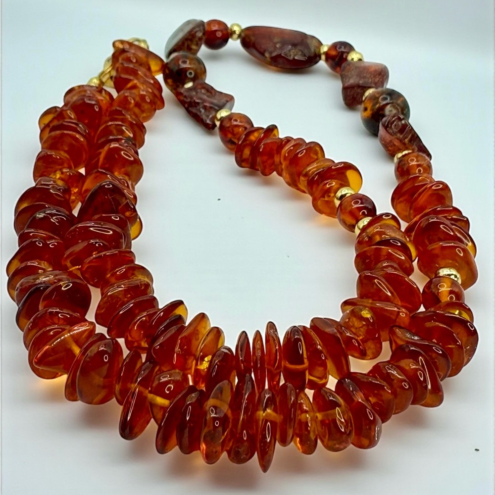 Vintage Baltic Amber Bohemian Necklace – 26”Fold-Over Clasp Polished & Raw Beads